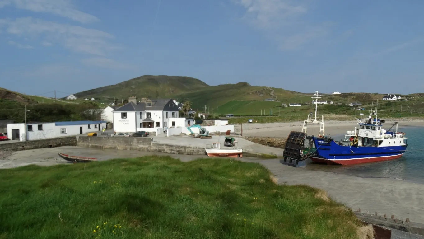 The sandy harbour on Clare Island. The main ferry is beached for repairs. Suddenly the pace of life has slowed down.